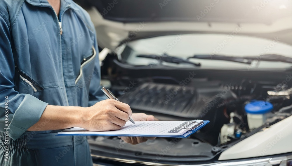 Auto check, car service shop concept. Automobile repairman writing job checklist on clipboard, mechanic checking engine to estimate repair machine, inspecting maintenance by engineer at vehicle garage Auto check, car service shop concept. Automobile repairman writing job checklist on clipboard, mechanic checking engine to estimate repair machine, inspecting maintenance by engineer at vehicle garage