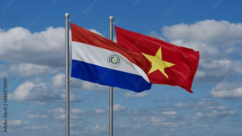 Vietnam and Paraguay flags flying together, video concept of the relationship Vietnam and Paraguay flags flying together, video concept of the relationship