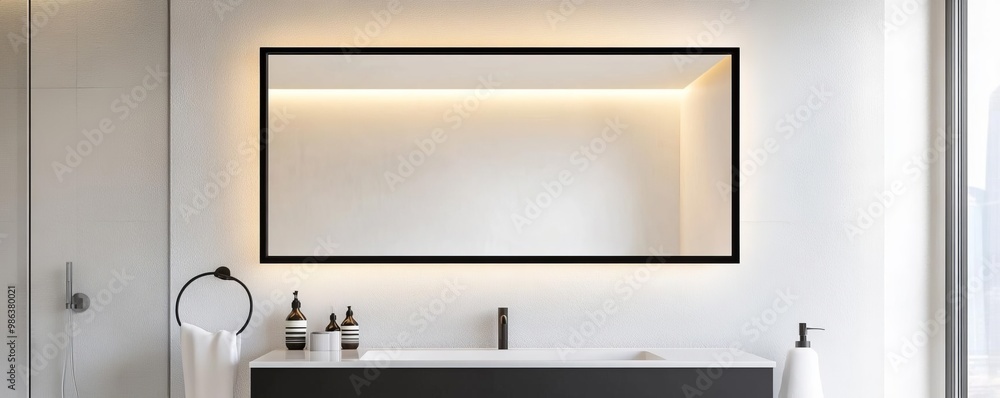 Large rectangular mirror with matte black frame in a minimalist bathroom, minimalist bathroom mirror, modern boldness Large rectangular mirror with matte black frame in a minimalist bathroom, minimalist bathroom mirror, modern boldness