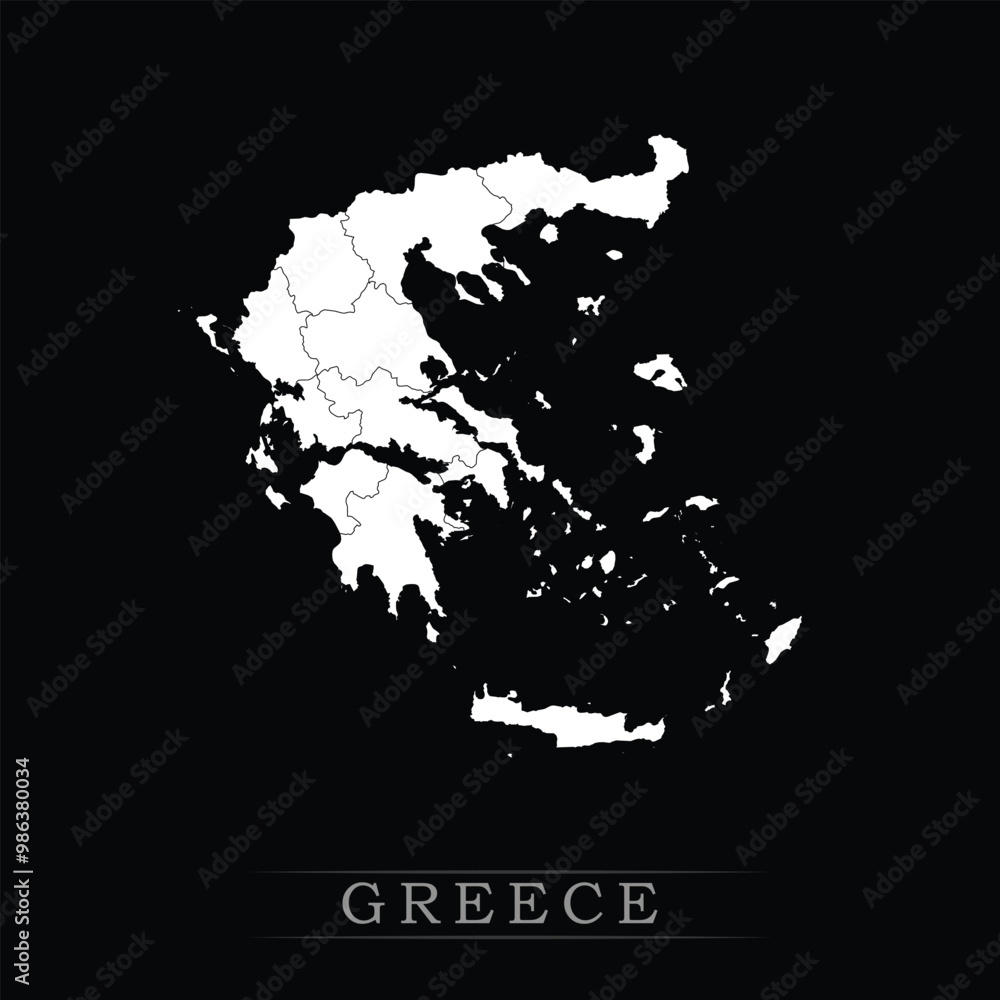 Obraz premium White political maps of Greece isolated on black background.