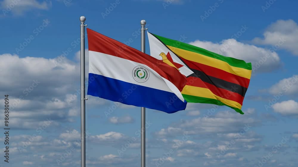 Zimbabwe and Paraguay flags flying together, video concept of the relationship, two country cooperation concept Zimbabwe and Paraguay flags flying together, video concept of the relationship, two country cooperation concept