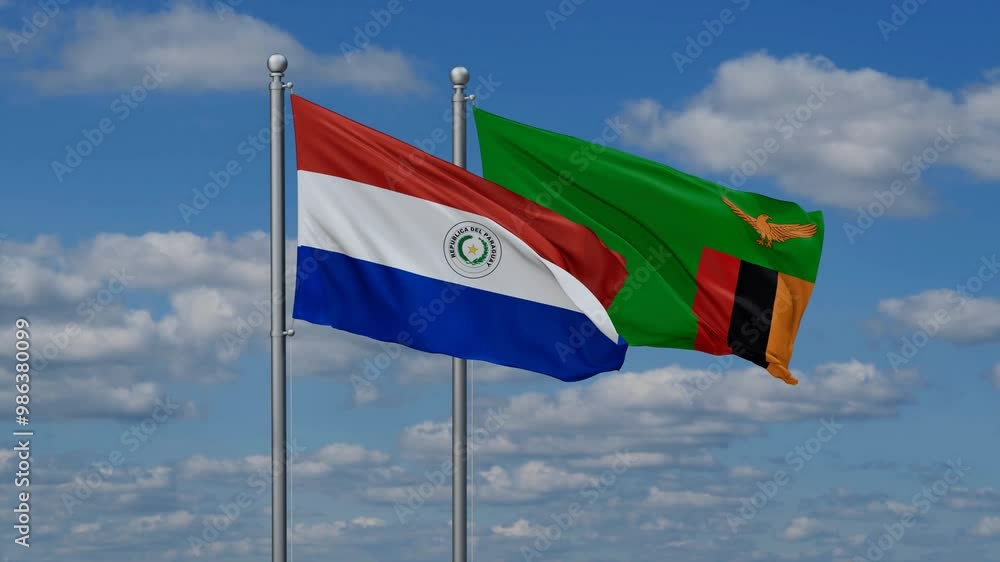 Zambia and Paraguay flags flying together, video concept of the relationship, two country cooperation concept Zambia and Paraguay flags flying together, video concept of the relationship, two country cooperation concept