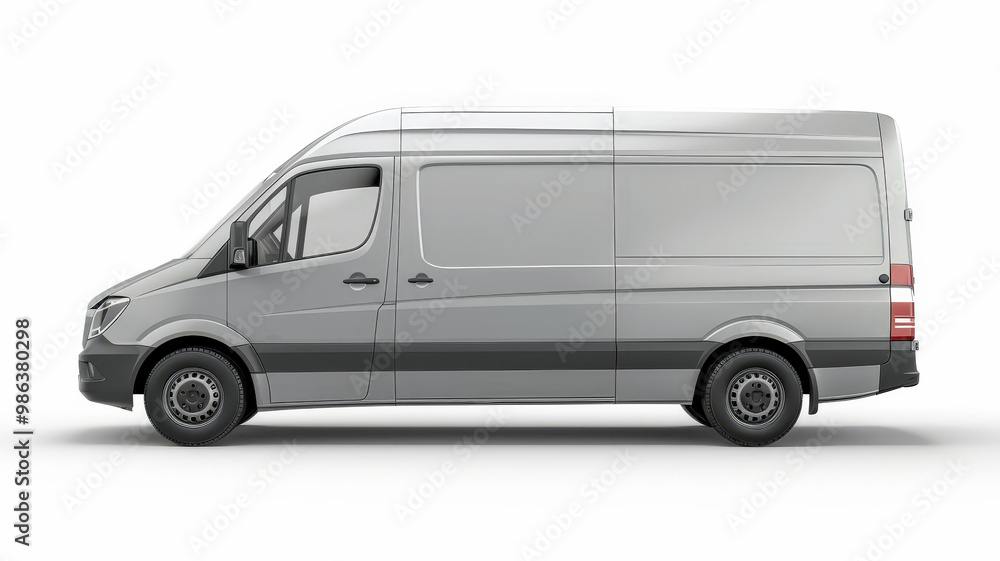 Side view of a modern gray cargo van designed for transportation and delivery services, featuring a spacious and practical layout. Side view of a modern gray cargo van designed for transportation and delivery services, featuring a spacious and practical layout.