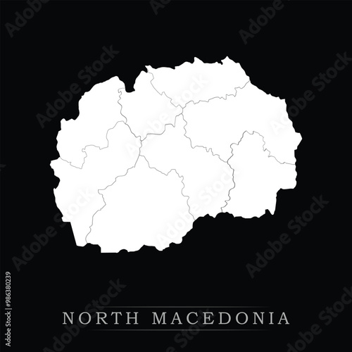 White political maps of North Macedonia isolated on black background.