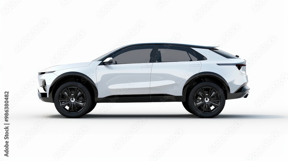 Side view of a sleek, futuristic white electric SUV with a modern design, featuring black accents and large wheels. Side view of a sleek, futuristic white electric SUV with a modern design, featuring black accents and large wheels.