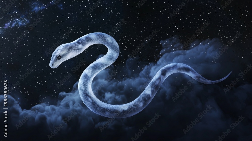 White snake slithers through a dark night sky with stars, creating a mysterious and dreamlike scene White snake slithers through a dark night sky with stars, creating a mysterious and dreamlike scene