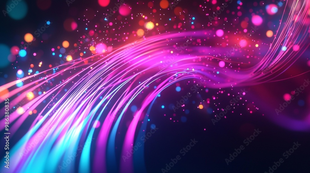 Obraz premium Bright glowing lines are swirling and forming a dynamic composition on a dark background, creating a mesmerizing bokeh effect with colorful particles
