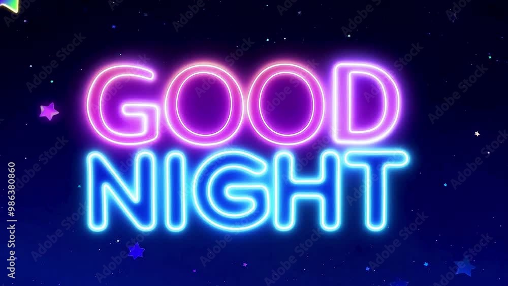 Template displaying neon inscription Good Night wish sweet dreams on blue sky and stars background. Template displaying neon inscription Good Night wish sweet dreams on blue sky and stars background.