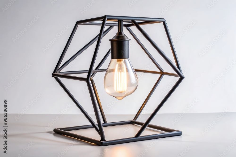 A contemporary desk lamp with a geometric metal frame in matte black, paired with an exposed light bulb. The background is pure white to focus on the lamp's design A contemporary desk lamp with a geometric metal frame in matte black, paired with an exposed light bulb. The background is pure white to focus on the lamp's design
