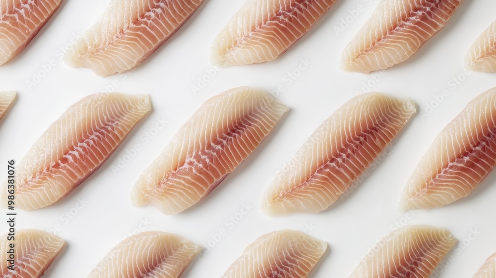 A pattern of raw fish fillets arranged in rows on a white surface A pattern of raw fish fillets arranged in rows on a white surface