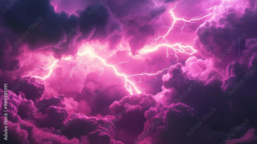 Bright white lightning is flashing through a dark purple and pink cloudy sky, creating a dramatic and powerful atmosphere Bright white lightning is flashing through a dark purple and pink cloudy sky, creating a dramatic and powerful atmosphere