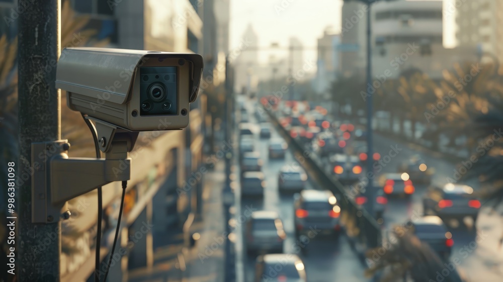 Close-up of a traffic surveillance camera capturing a busy city highway during rush hour, with blurred car lights in the background. Close-up of a traffic surveillance camera capturing a busy city highway during rush hour, with blurred car lights in the background.
