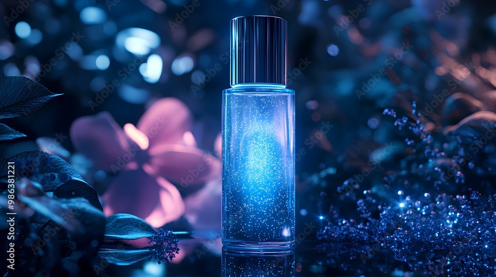 A shimmering fragrance bottle amidst botanical elements, glowing with blue light, emphasizes elegance and mystique in a captivating ambiance. A shimmering fragrance bottle amidst botanical elements, glowing with blue light, emphasizes elegance and mystique in a captivating ambiance.