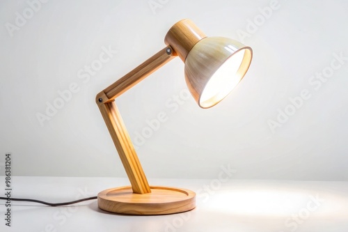 An eco-friendly desk lamp made of sustainable bamboo, featuring a minimalistic design with a soft glow. The white background highlights the natural wood texture