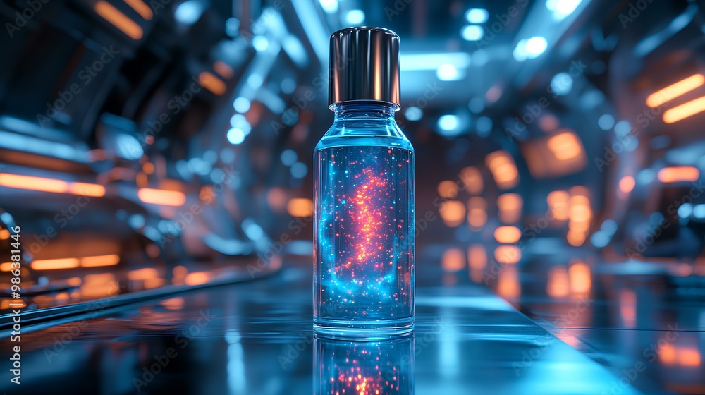 A futuristic glass bottle with a glowing liquid stands in a high-tech environment, surrounded by bluish lighting and metallic structures. A futuristic glass bottle with a glowing liquid stands in a high-tech environment, surrounded by bluish lighting and metallic structures.