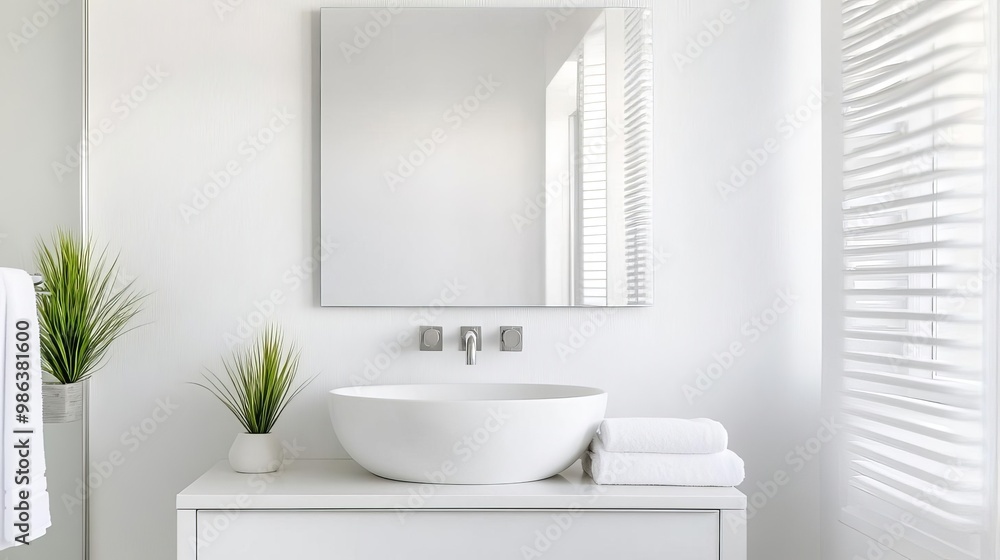 Obraz premium Minimalist frameless mirror with brushed steel fixtures in a clean white bathroom, minimalist bathroom mirror, sleek simplicity