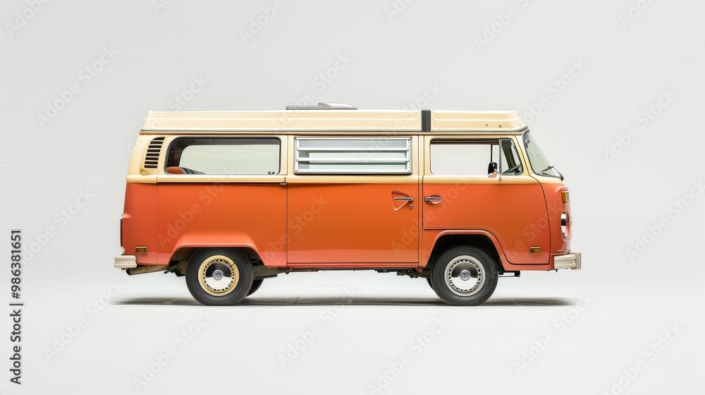 Side view of a classic beige camper van featuring retro orange stripes, showcasing a nostalgic design for road trips and camping. Side view of a classic beige camper van featuring retro orange stripes, showcasing a nostalgic design for road trips and camping.