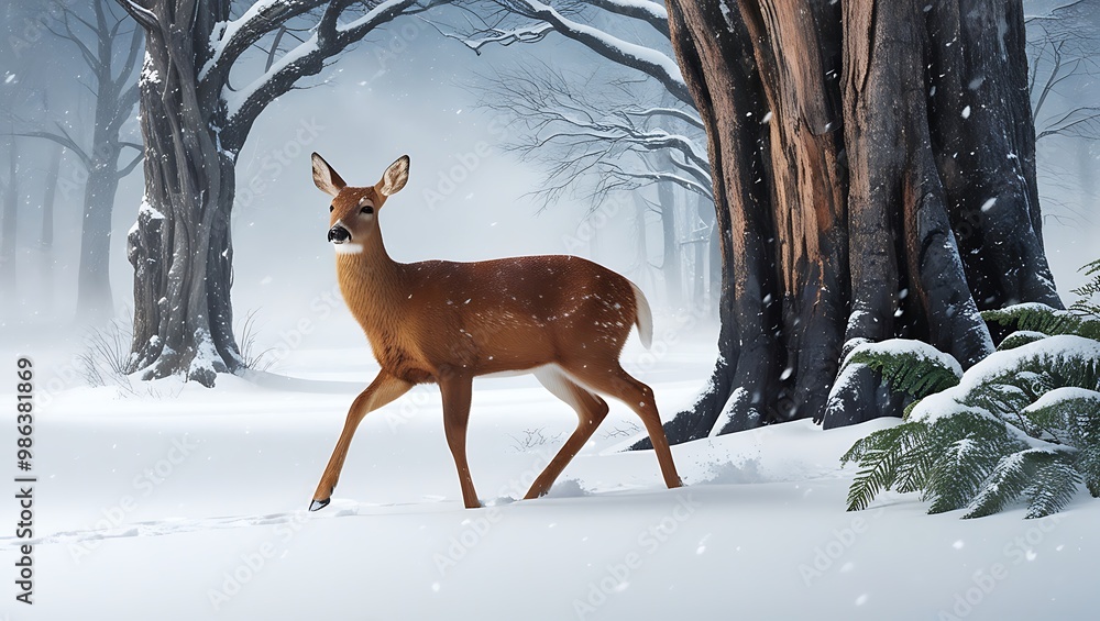 This stunning photograph captures a deer navigating through a snow-covered forest, embodying the serene beauty of winter. The delicate layer of white snow blankets the rugged trees This stunning photograph captures a deer navigating through a snow-covered forest, embodying the serene beauty of winter. The delicate layer of white snow blankets the rugged trees