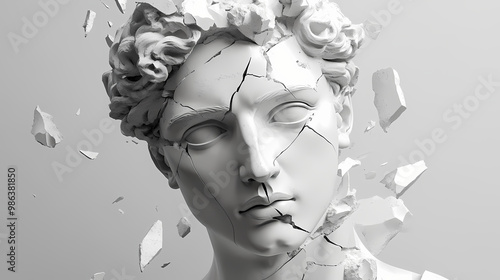 Abstract illustration from 3d rendering of a white marble bust of male classical sculpture broken shattered in three large pieces and tiny fragments. Sculpture. Illustration photo