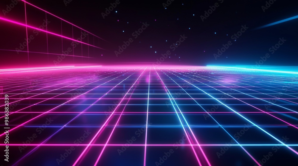 Futuristic grid is glowing with pink and blue neon light, creating a sense of depth and perspective. The dark background adds to the feeling of being in a digital world Futuristic grid is glowing with pink and blue neon light, creating a sense of depth and perspective. The dark background adds to the feeling of being in a digital world