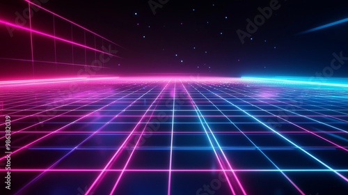 Futuristic grid is glowing with pink and blue neon light, creating a sense of depth and perspective. The dark background adds to the feeling of being in a digital world