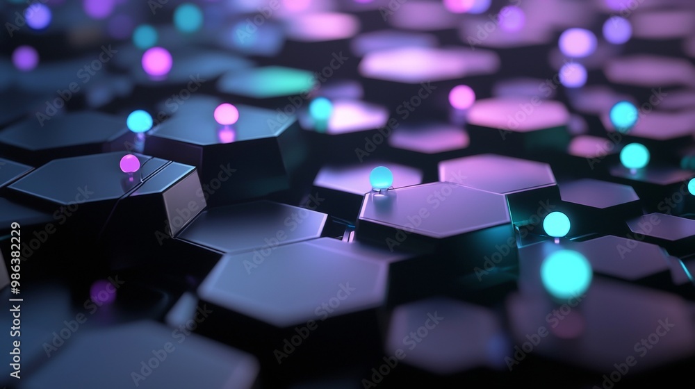 3d render of a futuristic background showing glowing spheres over hexagonal shapes, with a shallow depth of field and a colorful lighting setup 3d render of a futuristic background showing glowing spheres over hexagonal shapes, with a shallow depth of field and a colorful lighting setup