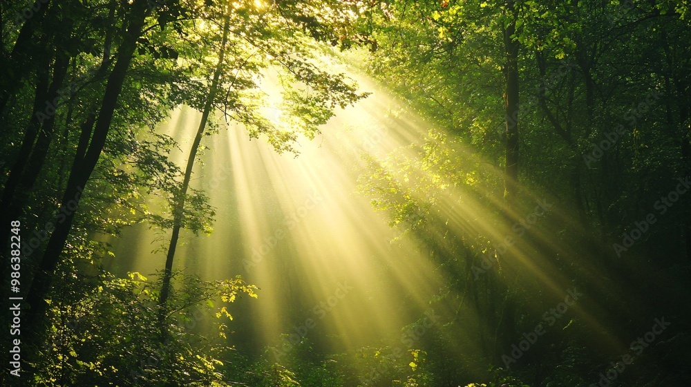 Obraz premium Sunbeams Illuminating a Misty Forest