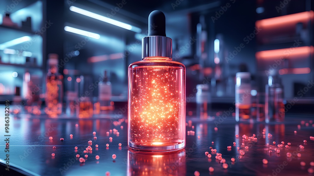 A vivid glass bottle with a dropper, containing glowing red liquid and sparkles, set against a dimly lit laboratory backdrop. A vivid glass bottle with a dropper, containing glowing red liquid and sparkles, set against a dimly lit laboratory backdrop.