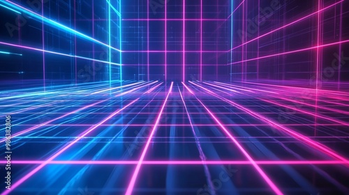 Mesmerizing display of vibrant pink and blue neon glowing lines creating a futuristic perspective grid pattern against a dark background. Evoking a sense of energy and creativity in a digital world