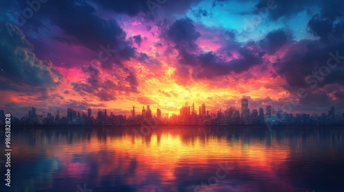 Cityscape at Sunset with Dramatic Clouds