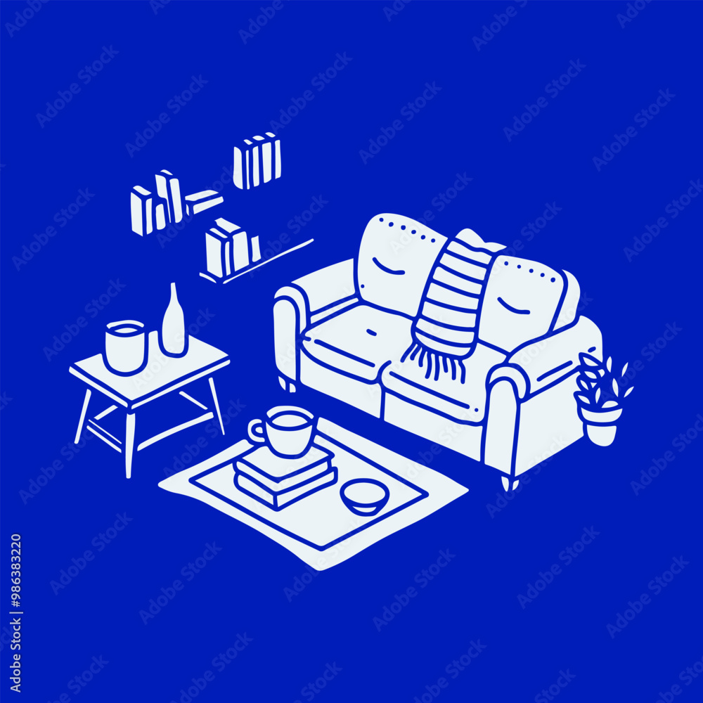 Obraz premium Vector illustration cozy living room with sofa, coffee table, books, indoor plants in minimalist white line art style on blue background. Home decor, interior design, and lifestyle themes