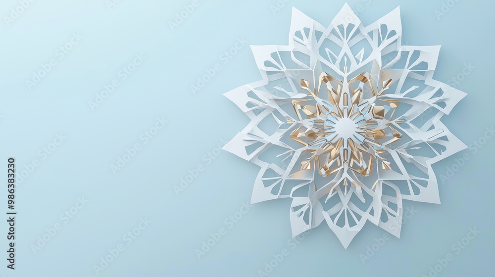 Delicate paper snowflake with gold details on light blue background, evoking winter and christmas spirit. Perfect for festive projects Delicate paper snowflake with gold details on light blue background, evoking winter and christmas spirit. Perfect for festive projects
