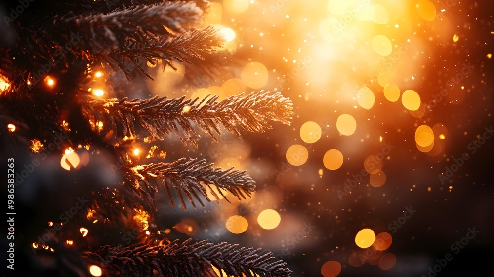 Fototapeta premium Brightly Lit Christmas Tree with Warm Bokeh Effect in Darkened Room for Festive Backgrounds