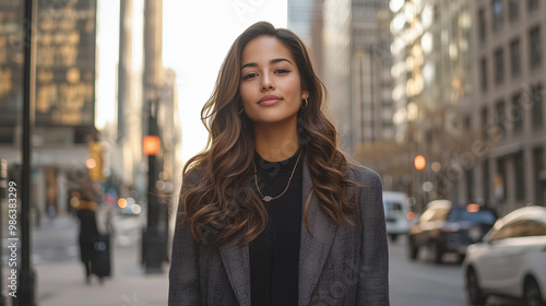 A successful Hispanic-American professional woman confidently posing for the camera on a bustling city street, her stylish outfit mirroring the vibrant urban environment of a thriv photo