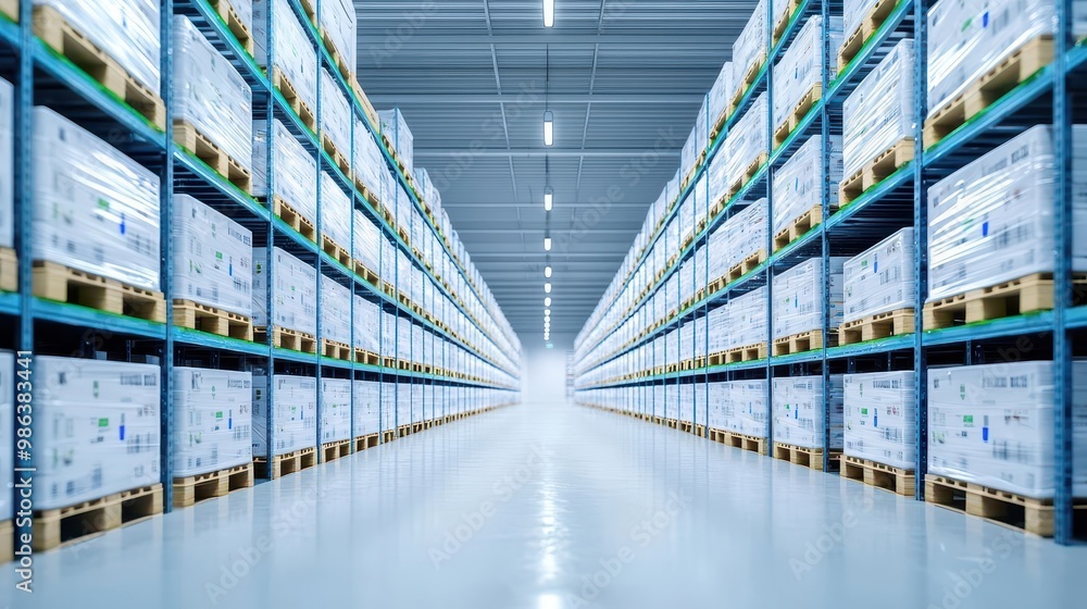 Neatly stacked boxes of frozen food in a warehouse, large cold storage facility for perishables Neatly stacked boxes of frozen food in a warehouse, large cold storage facility for perishables