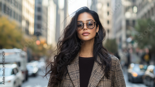 A stylish Hispanic-American professional woman posing against a backdrop of a thriving city street, her outfit reflecting the dynamic and diverse nature of the metropolitan environ