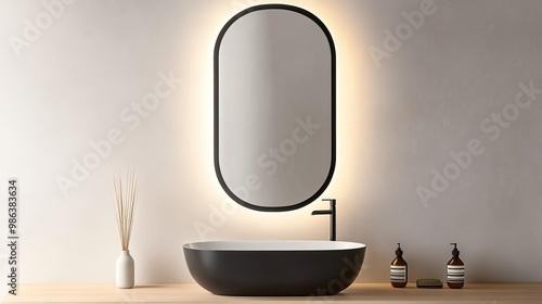 Oval mirror with matte black frame and soft backlighting in a minimalist bathroom, minimalist bathroom mirror, modern boldness photo