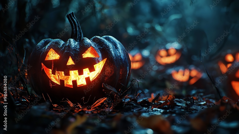 Jack O' Lanterns glowing in the dark forest at night Jack O' Lanterns glowing in the dark forest at night