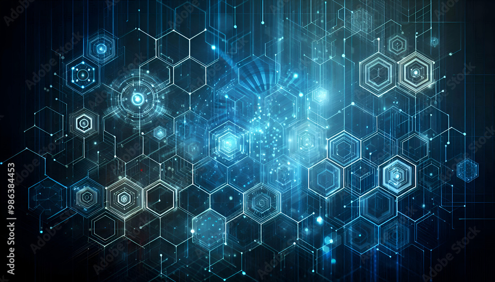 Obraz premium Futuristic Abstract Blue Hexagonal Technology Background Modern Geometric Pattern for Innovation, Digital Networks, Data Visualization, and Tech Interfaces Cutting-Edge Design Concept