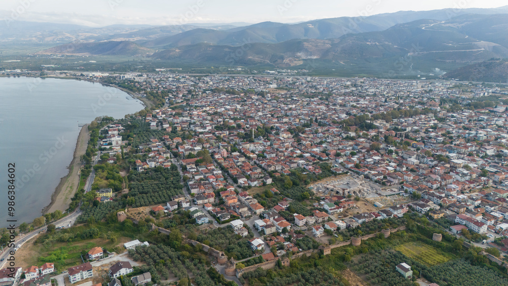 Fototapeta premium Aerial view of the historical city of Iznik by the Iznik Lake, Turkey.
