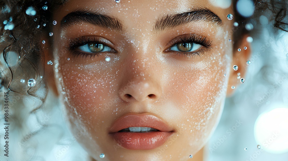 A close-up portrait featuring a young woman with curly hair, clear blue eyes, and water droplets on her skin, evoking freshness and natural beauty. A close-up portrait featuring a young woman with curly hair, clear blue eyes, and water droplets on her skin, evoking freshness and natural beauty.