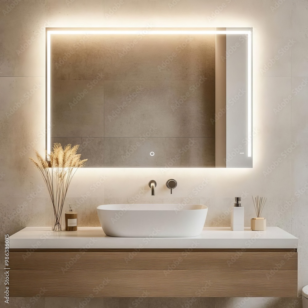 Fototapeta premium Rectangular frameless mirror with integrated lighting above a floating vanity, minimalist bathroom mirror, modern simplicity
