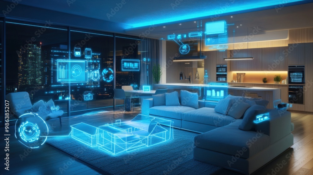 An image of a smart home, featuring various connected devices and appliances An image of a smart home, featuring various connected devices and appliances