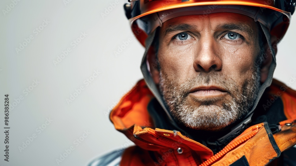 A man wearing an orange jacket and a hard hat A man wearing an orange jacket and a hard hat