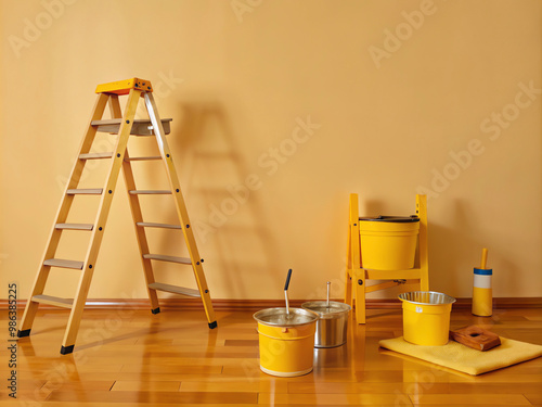 An unoccupied space equipped with painting tools, brushes, and paints intended for wall refurbishment as part of a home or office construction photo