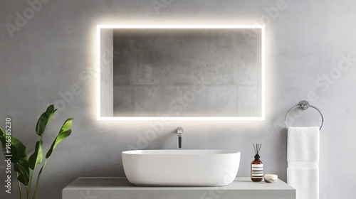 Rectangular frameless mirror with soft lighting in a gray minimalist bathroom, minimalist bathroom mirror, sleek simplicity