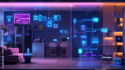 An image of a smart home, featuring various connected devices and appliances 