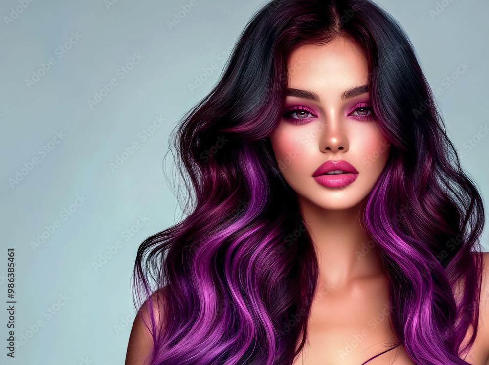 A stunning woman with burgundy hair in a long, wavy black-to-purple hombre style. A stunning woman with burgundy hair in a long, wavy black-to-purple hombre style.