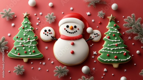 Christmas cookies, snowman, christmas tree, on festive background. Homemade food design decoration template