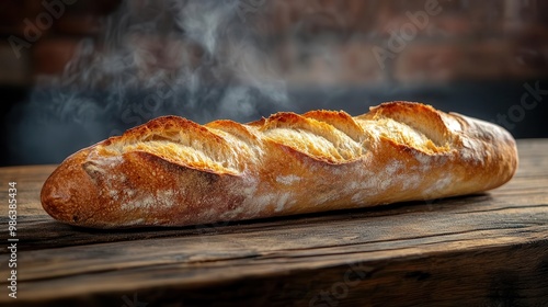 artisanal french baguette with goldenbrown crust and perfect scoring resting on a rustic wooden surface steam rises gently hinting at its freshly baked warmth and irresistible aroma